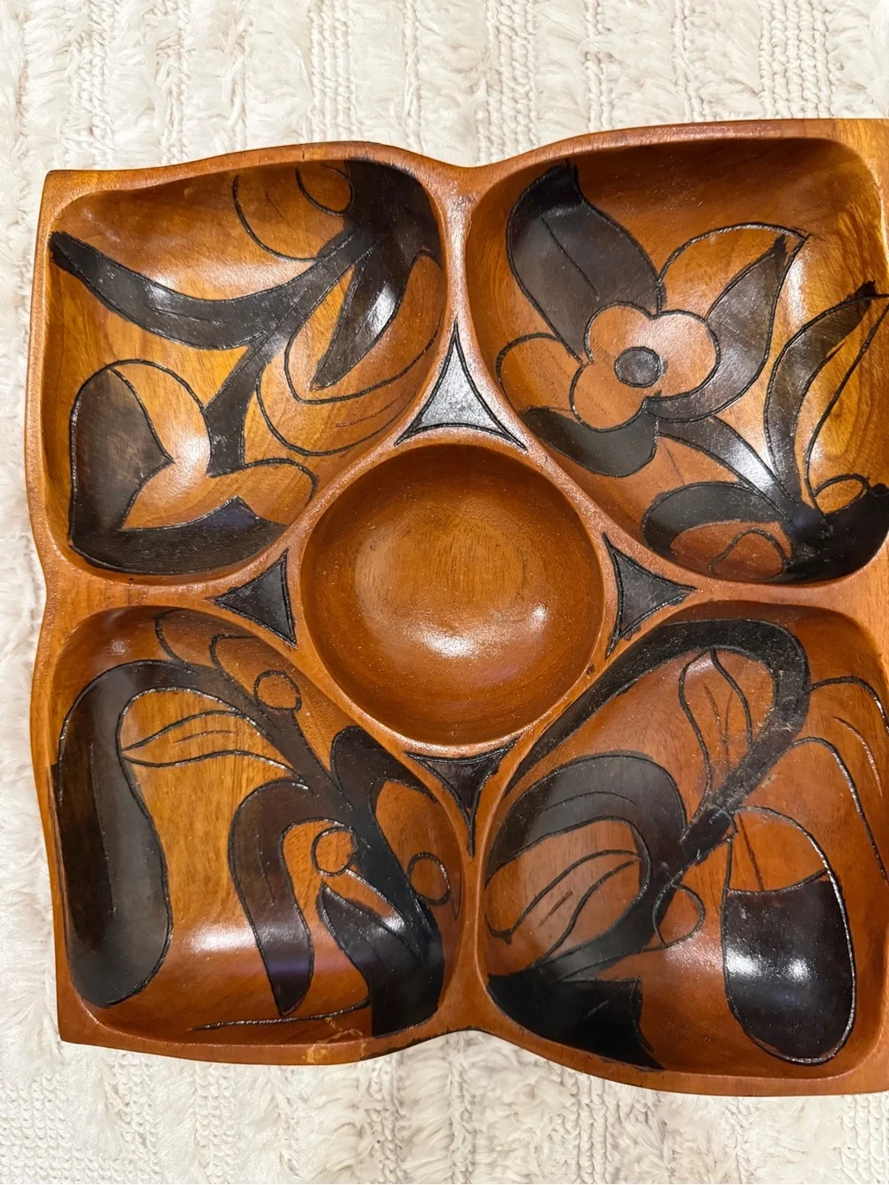 Vintage Hand Carved Painted Wooden Serving Snack Platter/Tray boho chic